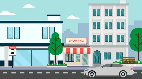 Flat Building Shopping Street Car Vector Illustration Cityscape Public Park — Wektor stockowy