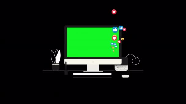 ソーシャルメディアアイコンを持つコンピュータアニメーション緑の画面モニター コンピュータのPcワークスペース上のソーシャルメディアのシンボルアニメーション アルファチャンネルを持つコンピュータ — ストック動画