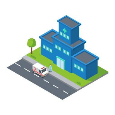 Yol Kenarı Vektör İllüstrasyonunda Ambulans ve Sağlık personeli olan Isometric Hastanesi Binası
