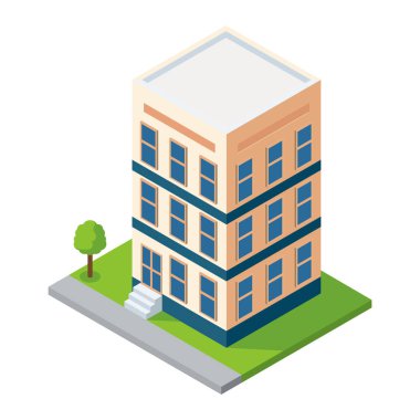 Beyaz çimenli ve ağaçlı Isometric Üç Katlı Apartman