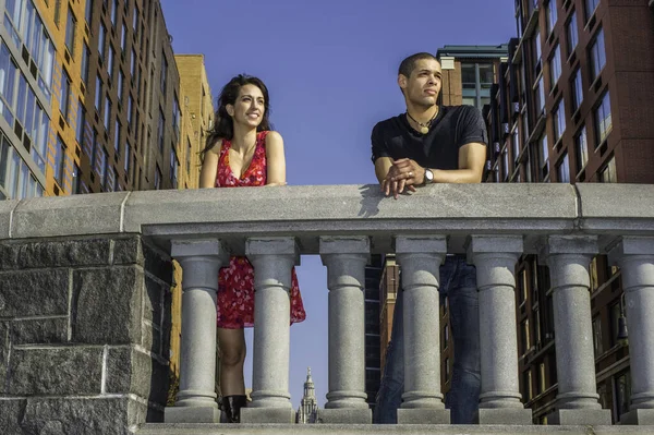 Two Friends Standing Railing Front Neighborhood Looking Forwar — Stok fotoğraf