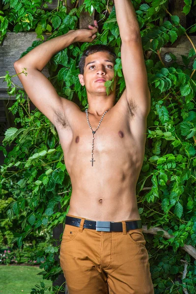 Levantando Ambos Brazos Chico Guapo Musculoso Medio Desnudo Está Pie —  Fotos de Stock