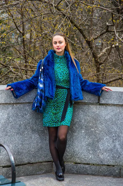Ubieranie Się Niebieskie Futro Wzorzysta Sukienka Noszenie Torby Ładna Dziewczyna — Zdjęcie stockowe