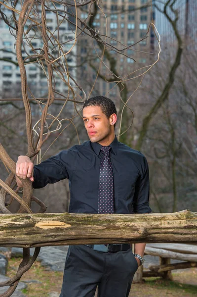 Dressing Black Shirt Tie Young Handsome Guy Pondering Small Woods — Foto de Stock