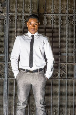 Beyaz gömlekli, siyah kravatlı, gri pantolonlu ve cebine iki el koyan genç, yakışıklı bir siyahi işadamı metal bir kapının önünde duruyor ve öfkeyle sana bakıyor.