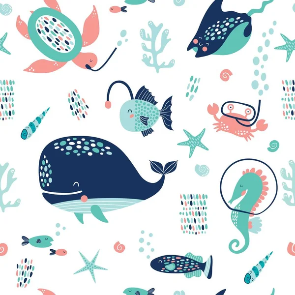 Sea Life Cute Vector Pattern Vector Illustration Kids Design Wallpaper — Stock Vector
