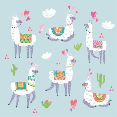 Lama hayvan vektör rengi seti. Kumaş ve tekstil için harika. Vektör illüstrasyonu.