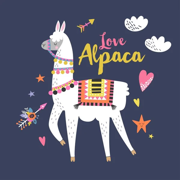 Liefde Alpaca Kaart Voor Vakantie Decoratie Met Schattige Lama Met — Stockvector