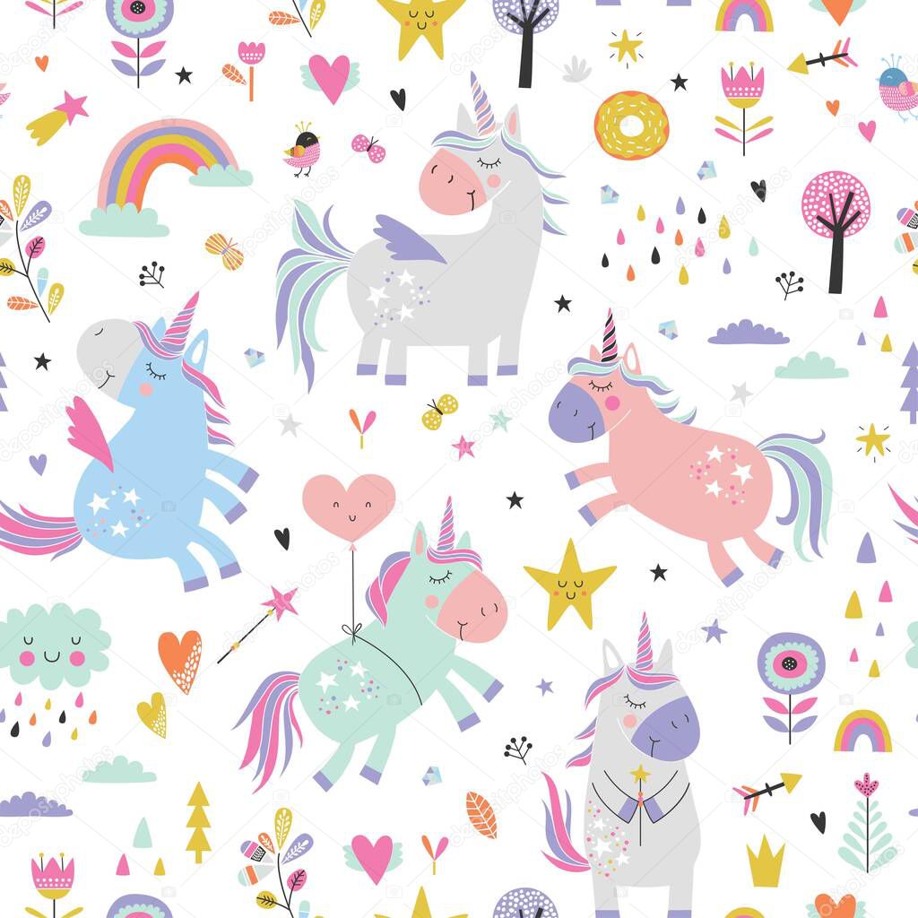 Childish seamless pattern with unicorns. Creative nursery background. Perfect for kids design, fabric, wrapping, wallpaper, textile, apparel