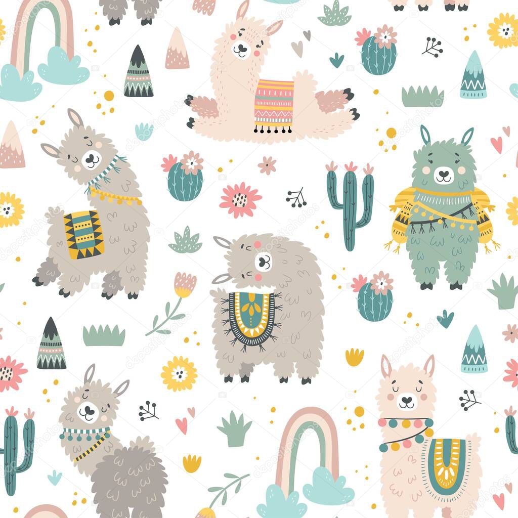 Seamless pattern with llama, cactus, rainbow and hand drawn elements. Creative childish texture. Great for fabric, textile. Vector illustration.