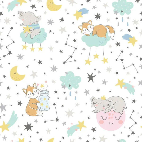 かわいいキツネ 星とシームレスベクトル幼稚なパターン アパレルのための創造的な北欧スタイルの子供のテクスチャ — ストックベクタ