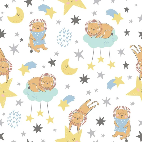 かわいいライオン 星とシームレスなベクトル幼稚なパターン アパレルのための創造的な北欧スタイルの子供のテクスチャ — ストックベクタ