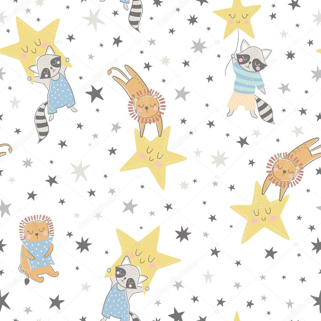 Seamless vector childish pattern with cute lion, panda, racoon, moon, stars. Creative scandinavian style kids texture for fabric, wrapping, textile, wallpaper, apparel.