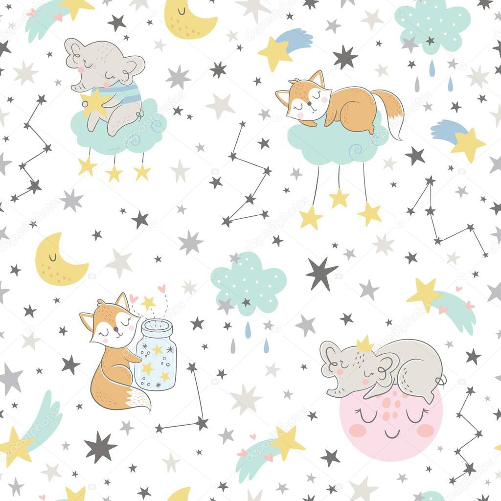 Seamless vector childish pattern with cute fox, elephant, moon, stars. Creative scandinavian style kids texture for fabric, wrapping, textile, wallpaper, apparel.