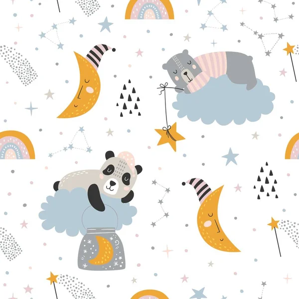 Modello Infantile Senza Cuciture Con Orso Addormentato Panda Nuvole Arcobaleno — Vettoriale Stock