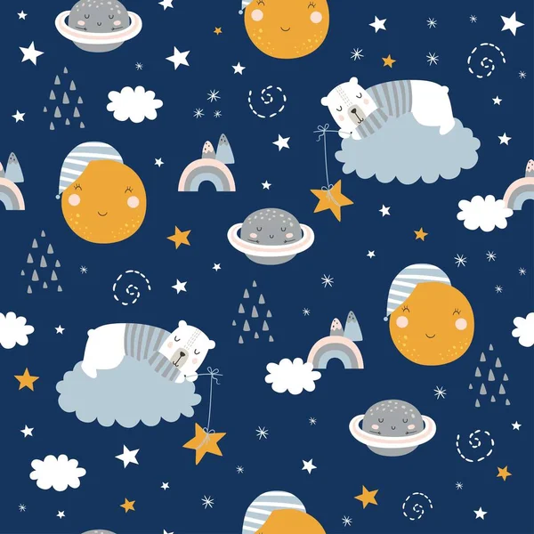 寝てクマ 月や星とシームレスな幼稚なパターン アパレルのための創造的な子供のテクスチャ ベクターイラスト — ストックベクタ