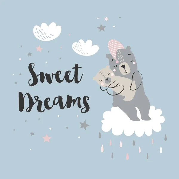 Orso Vettore Con Bambino Orso Nuvole Stelle Simpatici Personaggi Poster — Vettoriale Stock