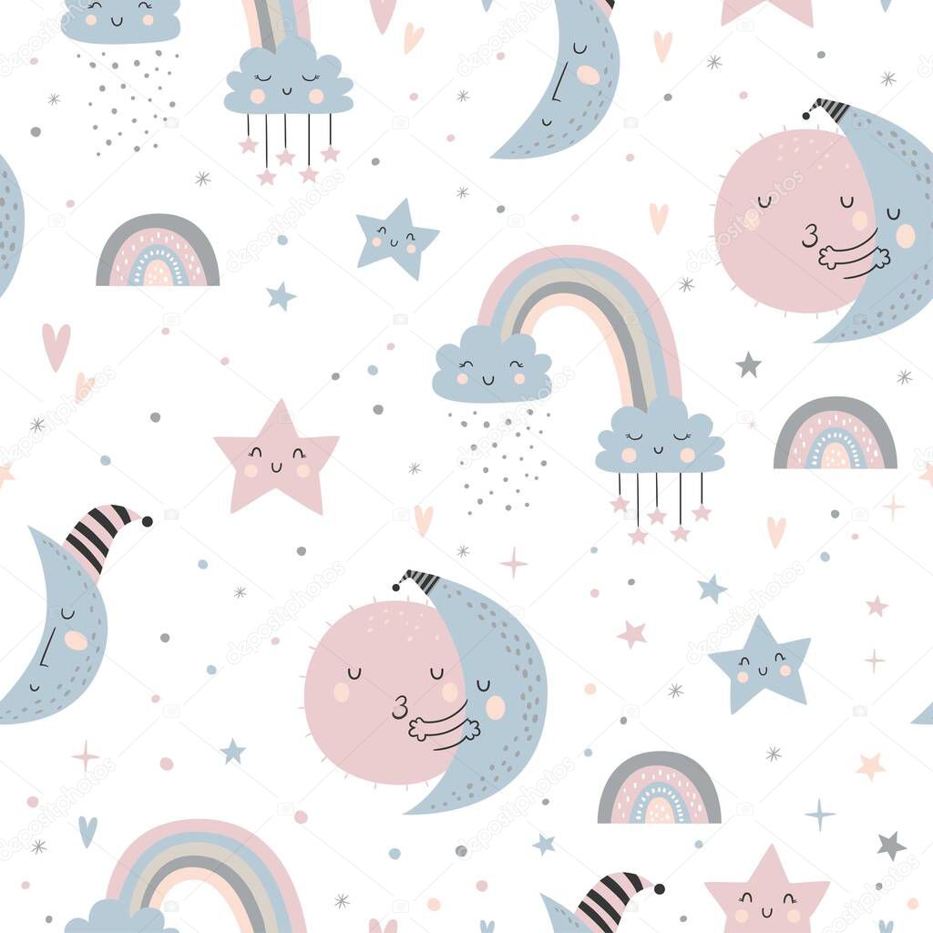 Seamless childish pattern with moons, clouds, rainbows and starry sky. Creative kids texture for fabric, wrapping, textile, wallpaper, apparel. Vector illustration 