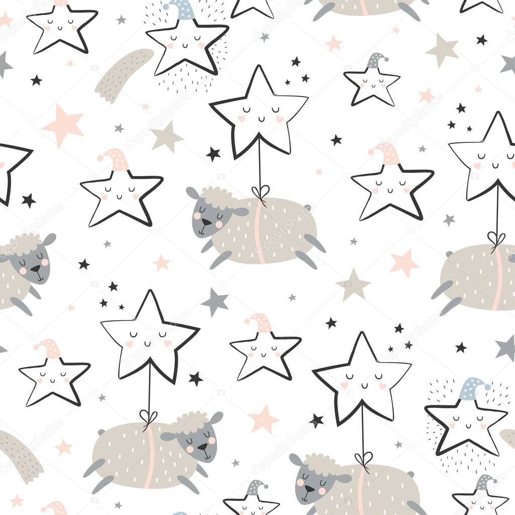 Seamless childish pattern with sheep and starry sky. Creative kids texture for fabric, wrapping, textile, wallpaper, apparel. Vector illustration 