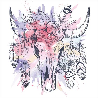 Boho şıklığı, etnik, Amerikan yerlisi veya boynuzlu Meksika boğa kafatası. Kabile el çizimi vektör çizimi. Poster, kartpostal, davetiye tasarımı