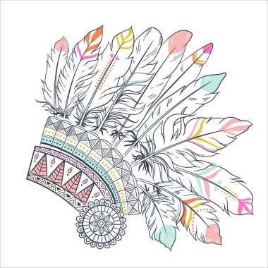 Tüylü başlıklı Boho illüstrasyonu, kabile vektör geçmişi. Tişört izleri için ideal