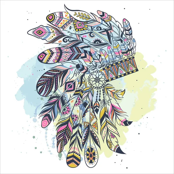 Boho Illustration Headdress Feathers Tribal Vector Background Ideal Shirt Prints — Stock Vector