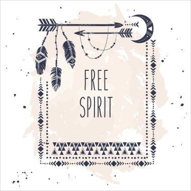 Metnin için el çizimi boho tarzı çerçeve. Ok ve tüy sanat vektörü çizimi