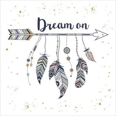 Etnik okları ve tüyleri olan kabile çerçeveli vektör illüstrasyonu. Amerikan Kızılderili motifleri. Boho tarzı. 