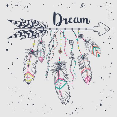 Etnik okları ve tüyleri olan kabile çerçeveli vektör illüstrasyonu. Amerikan Kızılderili motifleri. Boho tarzı. 