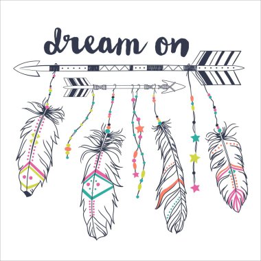 Etnik okları ve tüyleri olan kabile çerçeveli vektör illüstrasyonu. Amerikan Kızılderili motifleri. Boho tarzı. 