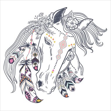 Vektör hayvan çiçek desenli boho illüstrasyonu. Düğün, yıldönümü, doğum günü vesaire için çiçek ve tüy öğeleri olan at. davetler.