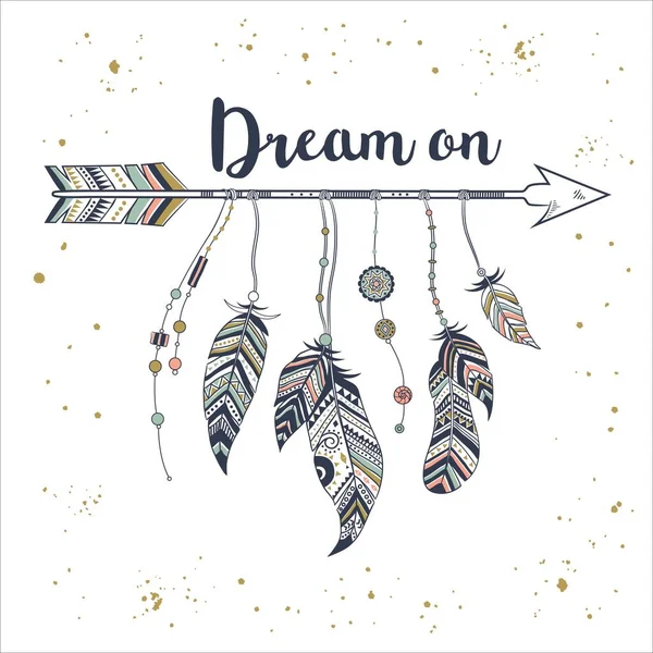 Etnik okları ve tüyleri olan kabile çerçeveli vektör illüstrasyonu. Amerikan Kızılderili motifleri. Boho tarzı. 
