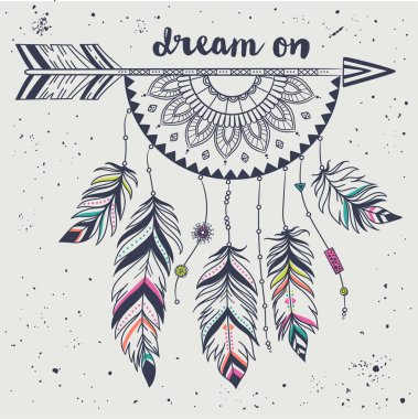Tüylü, iplikli, boncuklu ve dantelli vektör çizimi. Boho tarzı. Özgürlük kavramı. Boho Kızılderili tüyleri. 