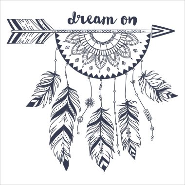 Tüylü, iplikli, boncuklu ve dantelli vektör çizimi. Boho tarzı. Özgürlük kavramı. Boho Kızılderili tüyleri. 