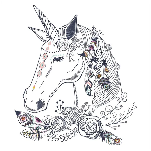 Ilustrasi Flora Boho Hewan Vektor Unicorn Dengan Bunga Dan Elemen - Stok Vektor