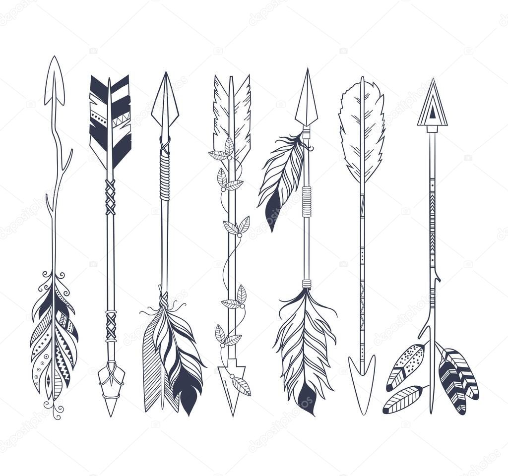 Arrow set in Native American Indian style. Vector hand drawn hipster illustration isolated on white background. Boho design, tattoo art, coloring book for adults.