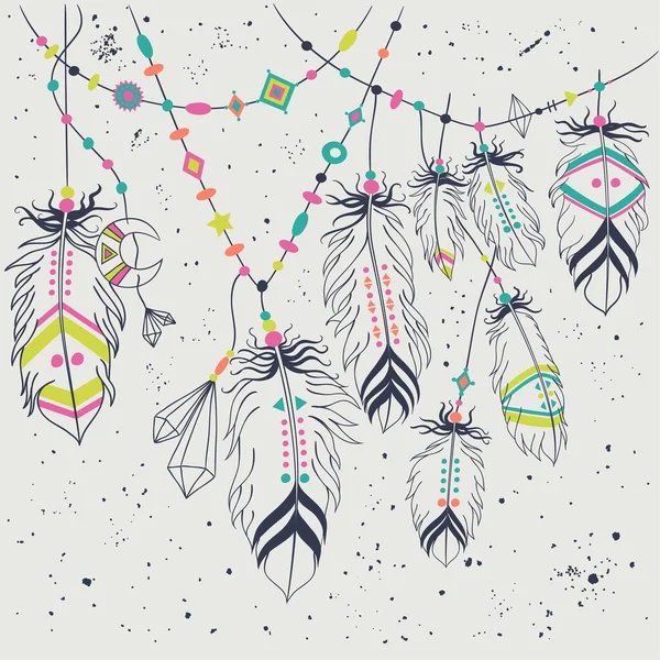 Illustration Vectorielle Avec Plumes Fils Perles Style Boho Concept Liberté — Image vectorielle