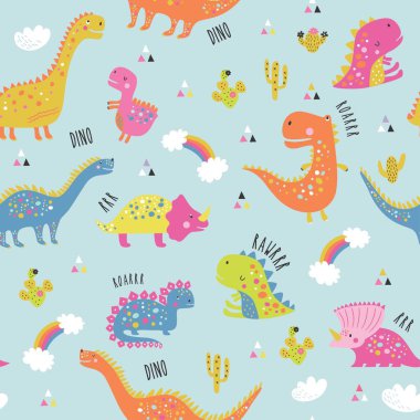 Dinozor desenli şirin çocuklar. Renkli dinozorların vektör arkaplanı. Kumaş, ambalaj, tekstil, duvar kâğıdı ve giysi için yaratıcı çocuk dokusu. Vektör illüstrasyonu