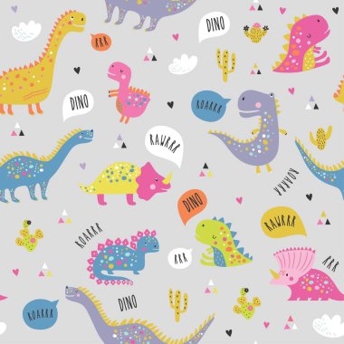 Dinozor desenli şirin çocuklar. Renkli dinozorların vektör arkaplanı. Kumaş, ambalaj, tekstil, duvar kâğıdı ve giysi için yaratıcı çocuk dokusu. Vektör illüstrasyonu