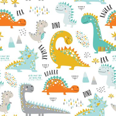 Dinozor desenli şirin çocuklar. Renkli dinozorların vektör arkaplanı. Kumaş, ambalaj, tekstil, duvar kâğıdı ve giysi için yaratıcı çocuk dokusu. Vektör illüstrasyonu