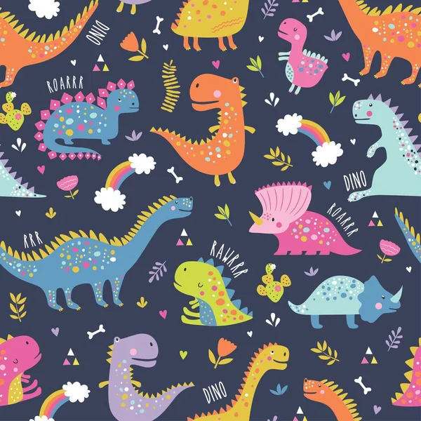 Χαριτωμένα Αστεία Παιδιά Δεινόσαυροι Μοτίβο Πολύχρωμο Διάνυσμα Δεινοσαύρων Δημιουργική Παιδική — Διανυσματικό Αρχείο