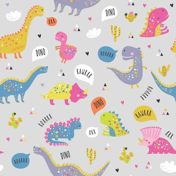 Lindo Patrón Dinosaurios Niños Divertidos Dinosaurios Coloridos Vector Fondo Textura — Archivo Imágenes Vectoriales