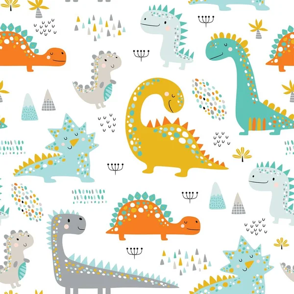 Niedliche Lustige Kinder Dinosaurier Muster Bunte Dinosaurier Vektor Hintergrund Kreative — Stockvektor