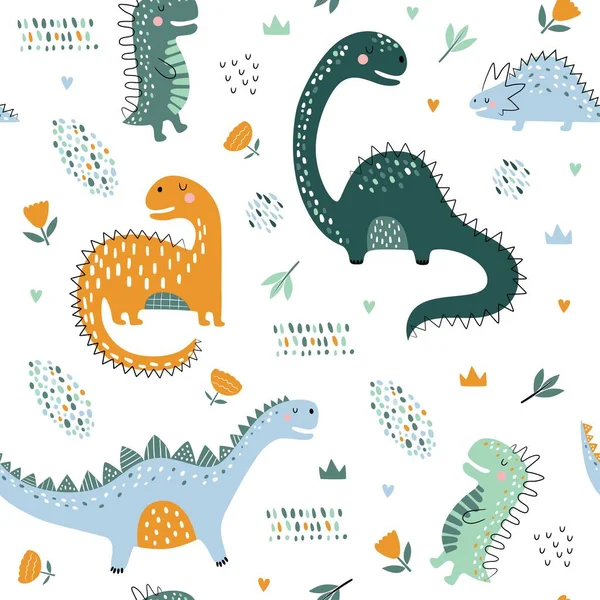 Lindo Patrón Dinosaurios Niños Divertidos Dinosaurios Coloridos Vector Fondo Textura — Archivo Imágenes Vectoriales