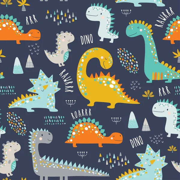 Lindo Patrón Dinosaurios Niños Divertidos Dinosaurios Coloridos Vector Fondo Textura — Archivo Imágenes Vectoriales