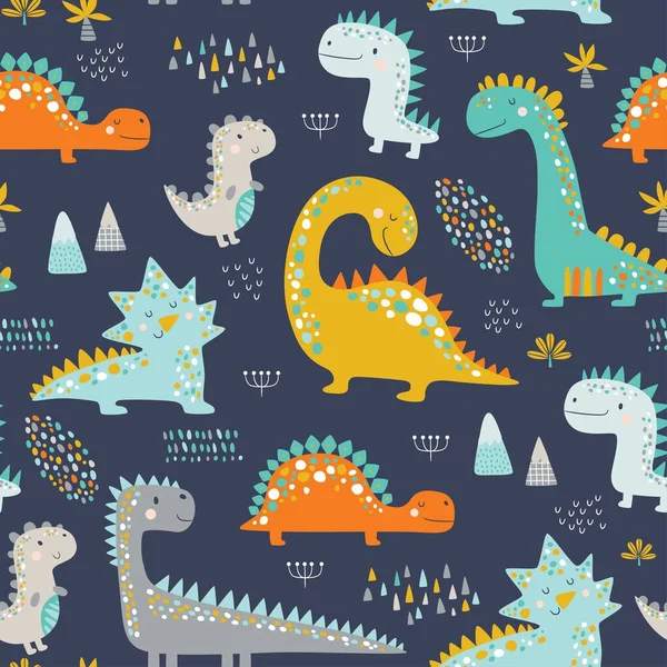Niedliche Lustige Kinder Dinosaurier Muster Bunte Dinosaurier Vektor Hintergrund Kreative — Stockvektor