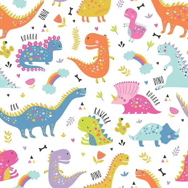 Lindo Patrón Dinosaurios Niños Divertidos Dinosaurios Coloridos Vector Fondo Textura — Archivo Imágenes Vectoriales