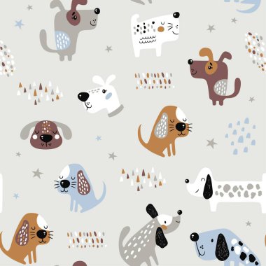 Komik köpeklerle çocuksu, kusursuz bir düzen. İskandinav tarzında yaratıcı bir doku. Kumaş ve Tekstil Vektörü İllüstrasyonu için harika