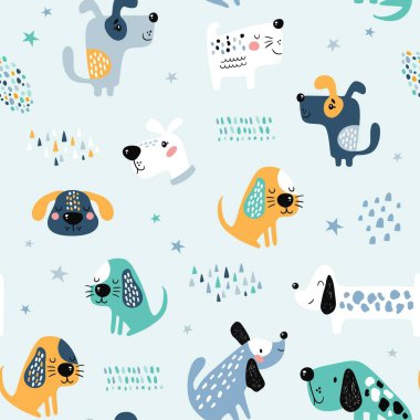 Komik köpeklerle çocuksu, kusursuz bir düzen. İskandinav tarzında yaratıcı bir doku. Kumaş ve Tekstil Vektörü İllüstrasyonu için harika
