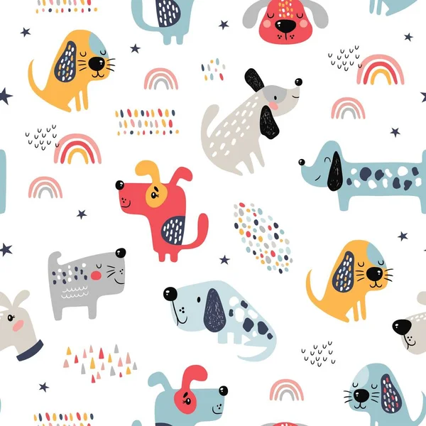 Kindlich Nahtloses Muster Mit Lustigen Hunden Kreative Textur Skandinavischen Stil — Stockfoto